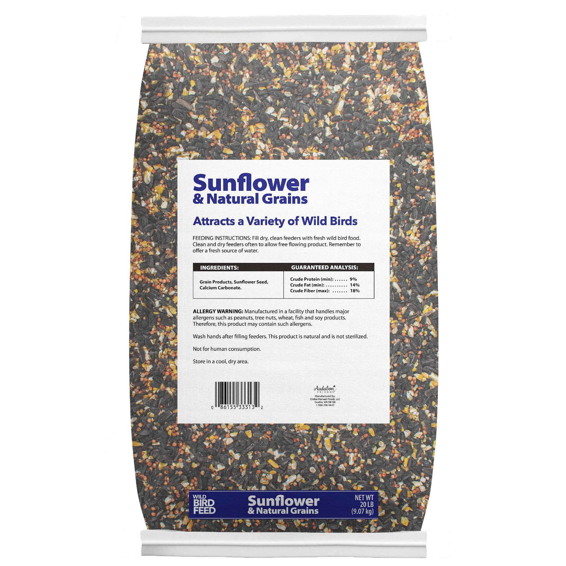 Global Harvest Foods Sunflower & Grains Wild Bird Feed, Dry, 1 Count per Pack, 20 lb. Bag