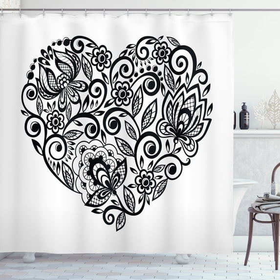 Hearts Shower Curtain, Silhouette of Heart Symbol as a Floral Leaves with Artistic Monochrome Petals, Fabric Bathroom Set with Hooks, 69W X 84L Inches Extra Long, Black and White, by Ambesonne