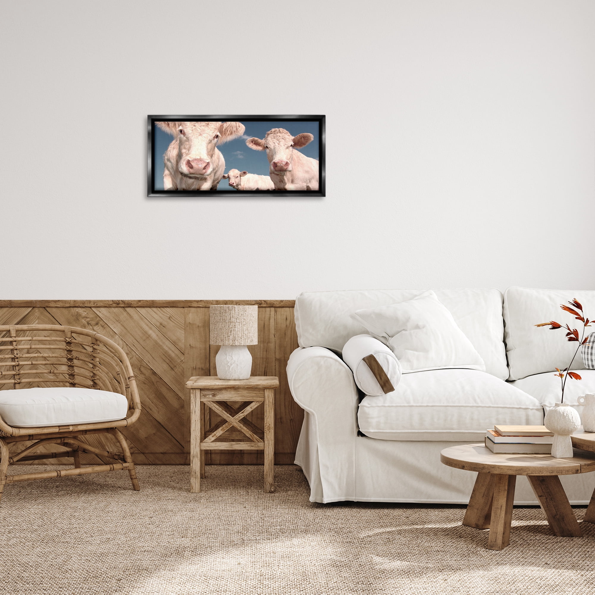 Stupell Industries Three White Cows Animals & Insects Photography Black Floater Framed Canvas Art Print Wall Art, 25 x 11