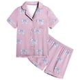 thumbnail image 4 of LRen Girls Casual Printed Lapel Collar Short Sleeve Button Down Shirt And Shorts Pajama Outfit Set For Toddlers Kids,12-13 Years,Z2-Light Purple, 4 of 5