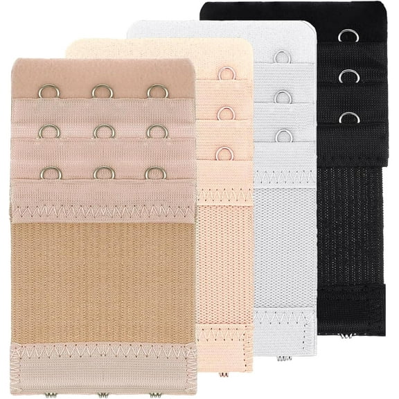 4 Pcs Women's Bra Extenders 3 Hooks 3 Rows, Elastic Bra Extenders, Soft Stretchy Back Bra Extension Strap, Adjustable Bra Extender (Black, White, Nude, Beige)