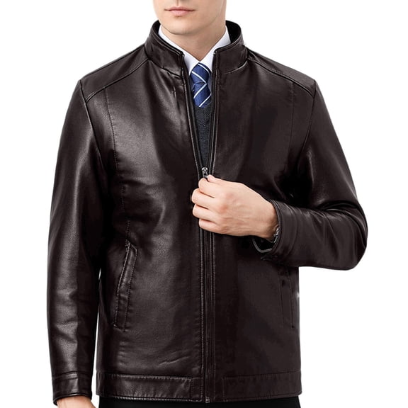 StSilkitty Men's Leather Jacket Solid Color Long Sleeve Full Zip up Stand Collar Leather Jackets Coat with Pockets