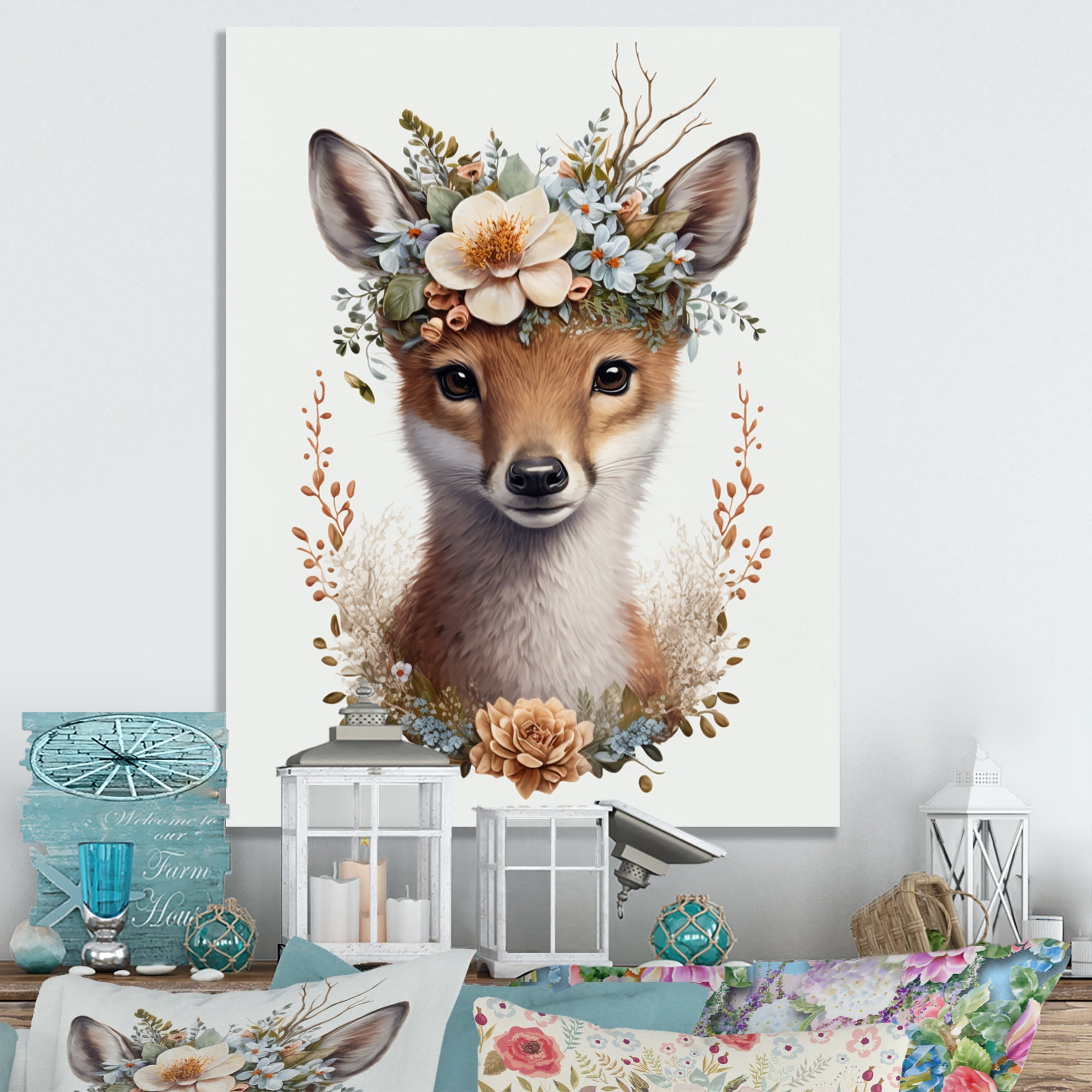 Designart Cute Baby Fox With Floral Crown I Canvas Wall Art