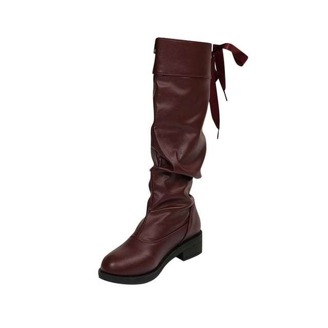 Boots for Women with Heel Stitching Round Toe Lace-Up Knee-High Boots