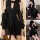 thumbnail image 2 of Vestido de gasa negra, escote pronunciado en los hombros A5H8, 2 of 7