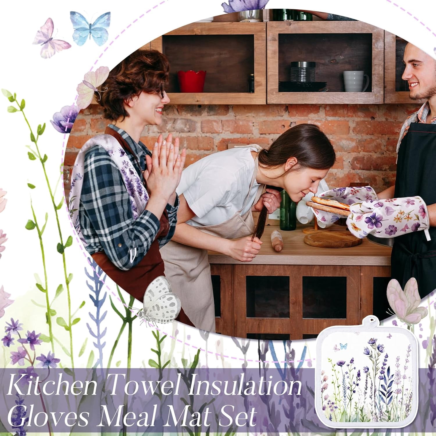 Spring Lavender Oven Mitts and Pot Holders Kitchen Dish Towels Set Purple Flower Spring Kitchen Towels and Dishcloths for Baking Cooking Women BBQ Grilling Hand Dish Gifts