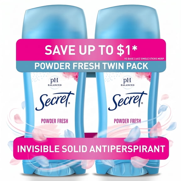 Secret Invisible Solid Antiperspirant Deodorant, Powder Fresh, Twin Pack, 2.1 oz each