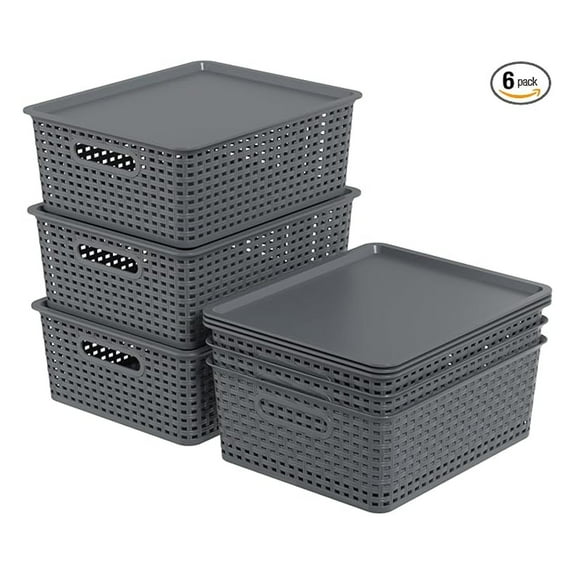 Plastic Woven Baskets 6 Pack, Stackable Storage Bins with Lids, Dark Grey - 14x12x5.3 Inch Organizer for Shelves, Closet, Home, Kitchen, Bathroom