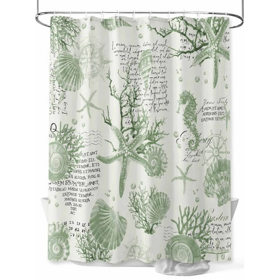 Shower Curtain Sage Green Starfish Conch Bathroom Curtains with Hooks, Waterproof Fabric Shell Seahorse Bath Shower Curtains Set for Bathroom Bathtubs Decor 36x72 Inch