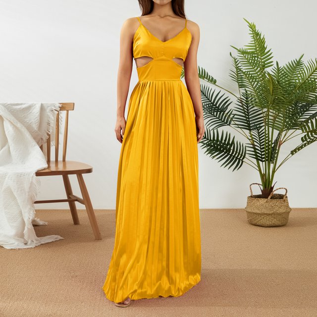 SAYOO Vestido largo para mujer, correa de espagueti, sin mangas, sin espalda, con cuello en V y plisado SAYOO Moda