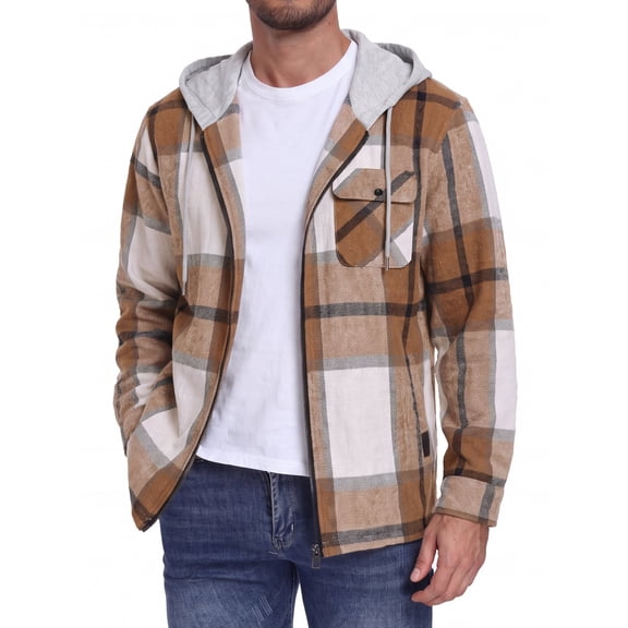GIRUNS Men's Plaid Flannel Zip Up Hoodie Jacket Lightweight Casual Shirt Jacket Outerwear Coat Beige Brown L
