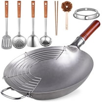 MY Carbon Steel Wok Traditional Hand Hammered - 13.4" Chinese Woks Round Bottom Wok Pan Set with 8 Pcs Cookware Accessories