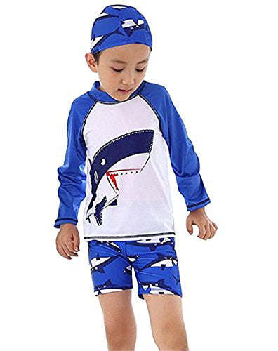 Baby Toddler Boys Two Piece Swimsuits Rash Guard Kids Short Sleeve Sunsuit Swimwear Sets with Hat UPF 50 Blue Shark 