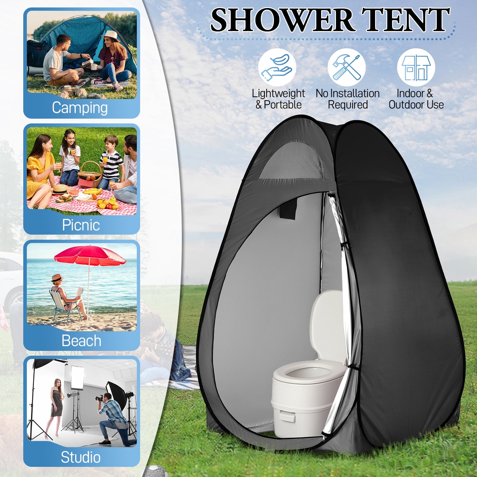 Ktaxon Camping Shower Tent, Portable Pop Up Changing Tent, Waterproof Dressing Room Privacy Tent for Camping Beach, Black