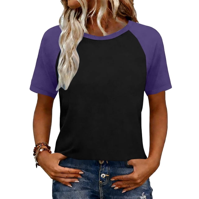 Camisetas de manga corta de verano para las mujeres Moda casual de manga de Raglan Color bloqueado Top, blusa de manga corta de las mujeres para la primavera
