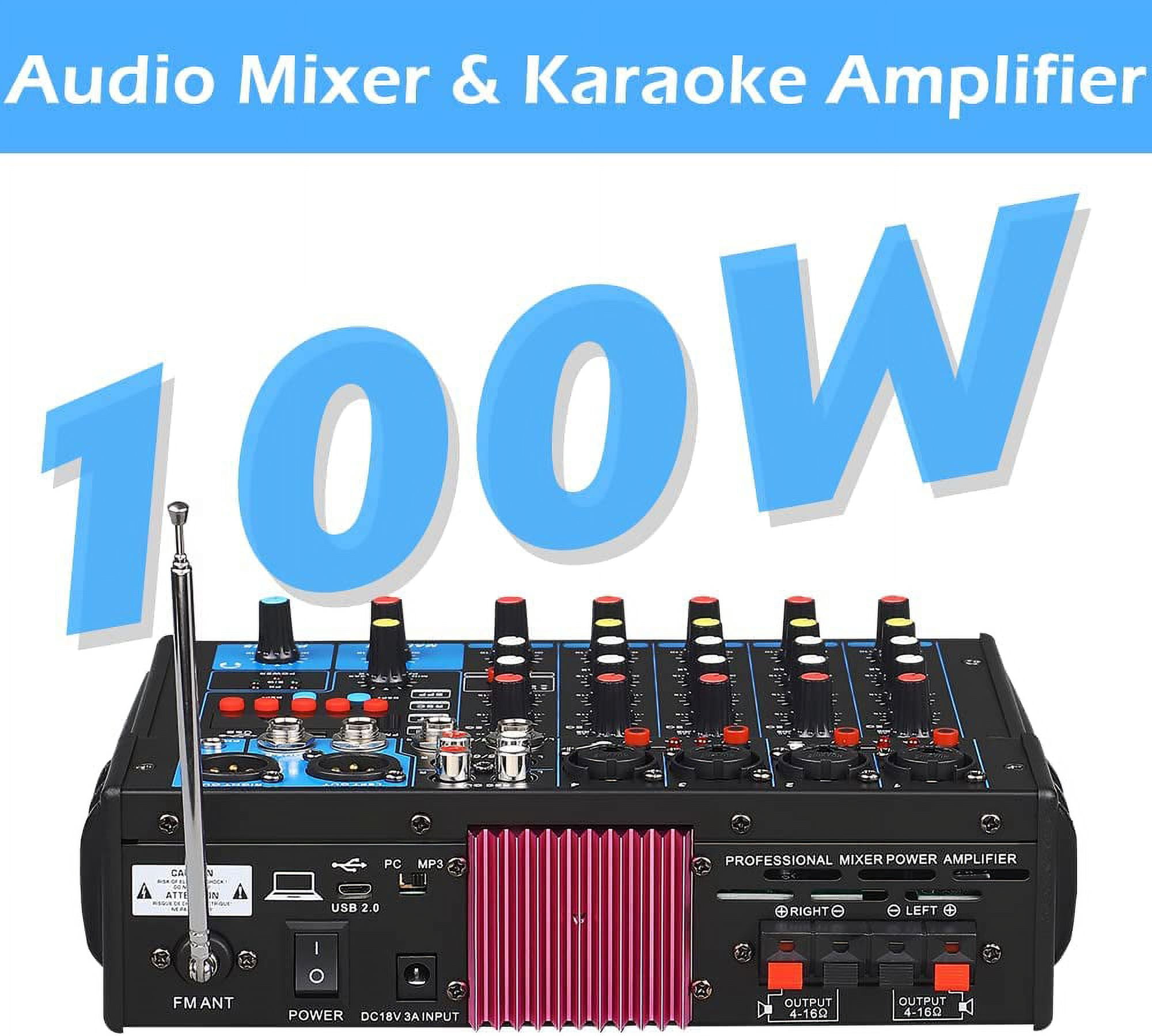 BOMGE 6 Channel dj powered audio sound mixer amplifier,100 W Stereo Speaker Home Audio Receiver effects, 48V phantom Power, USB, Bluetooth ，for home theater system, Karaoke, Streaming