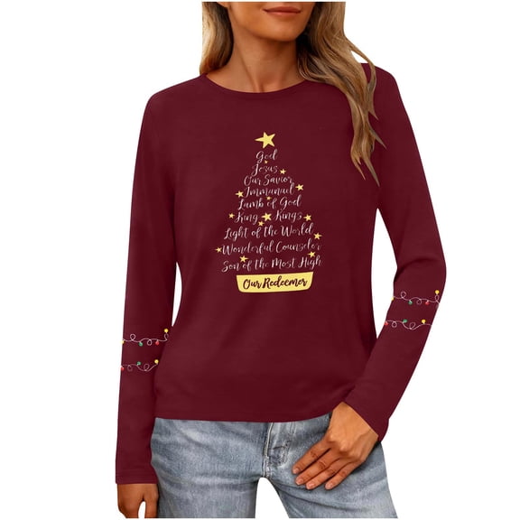 Christmas Shirts for Women Funny Merry Christmas Graphic T Shirts V Neck Long Sleeve Xmas Tops Blouse