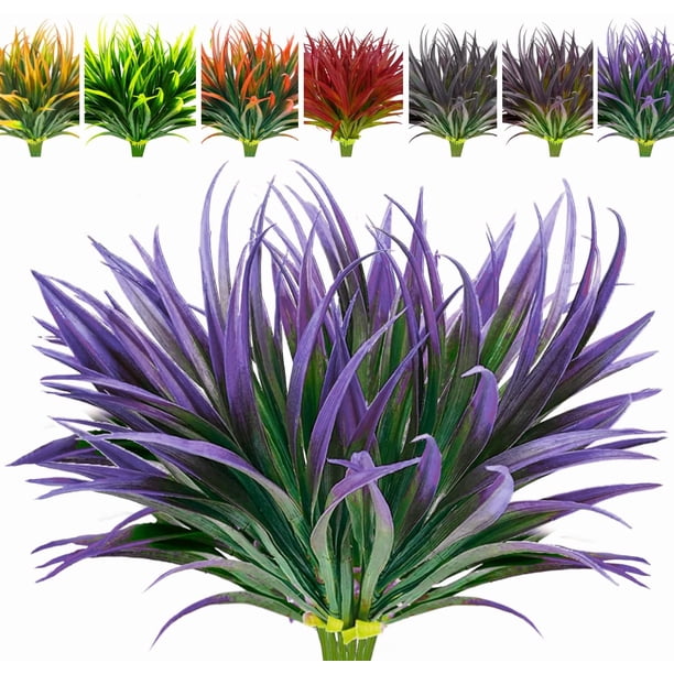 Nvzi 8 piezas de plantas artificiales para exteriores resistentes a los rayos UV, plantas de césped alto, flores tropicales falsas, arbustos decorativos de color violeta claro