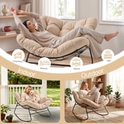 Dovov Oversized Papasan Rocking Chair, Indoor Outdoor Rocking Chair Patio Egg Chair with Cushion, Heavy Duty Steel Papasan Rocker Lounge Chair for Porch Balcony Nursery Living Room, Beige