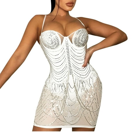 

koaiezne Women Fashion Tight Sling Tassel Mesh Hot Short Low Cut Drill Dress Corset Dress for Women Formal Petite Floor Length Formal Dresses for Women