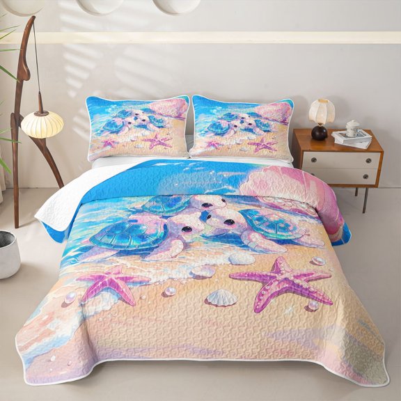 spefrowx Kawaii Beach Turtle Twin Quilt Set for Girls, Pink Gloss Pearl Clam Shell Starfish Twin Coverlet Set, 2pcs