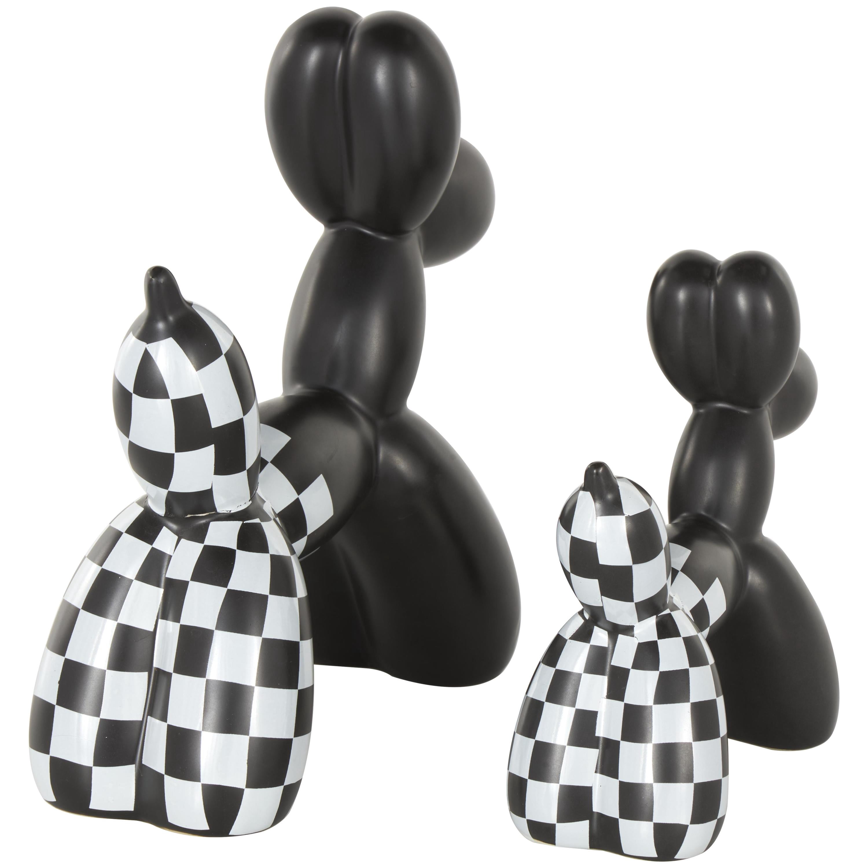 9", 7"H Black Ceramic Balloon Dog Sculpture with Checkered Accents, by DecMode (2 Count)