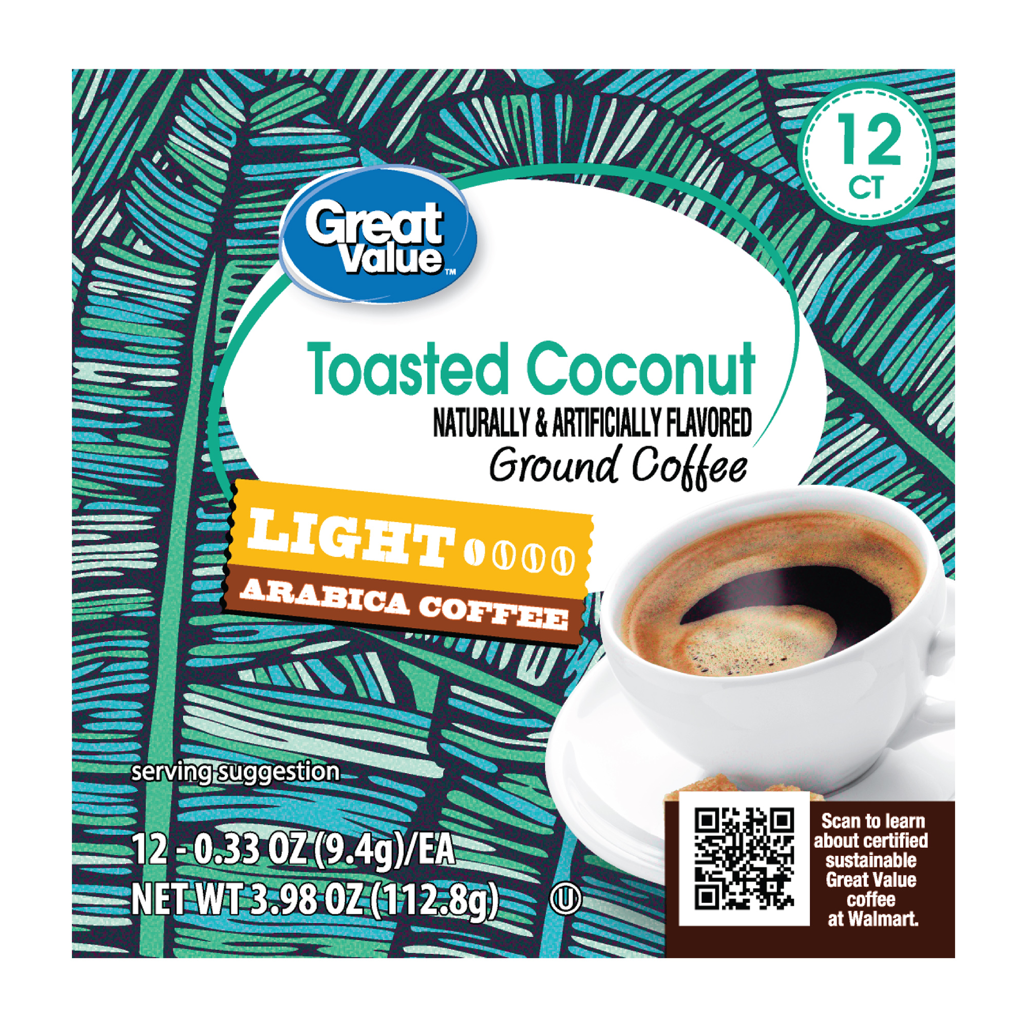 (6 pack) Great Value 100% Arabica Toasted Coconut Light Roast Arabica Coffee Pods, 12 Count