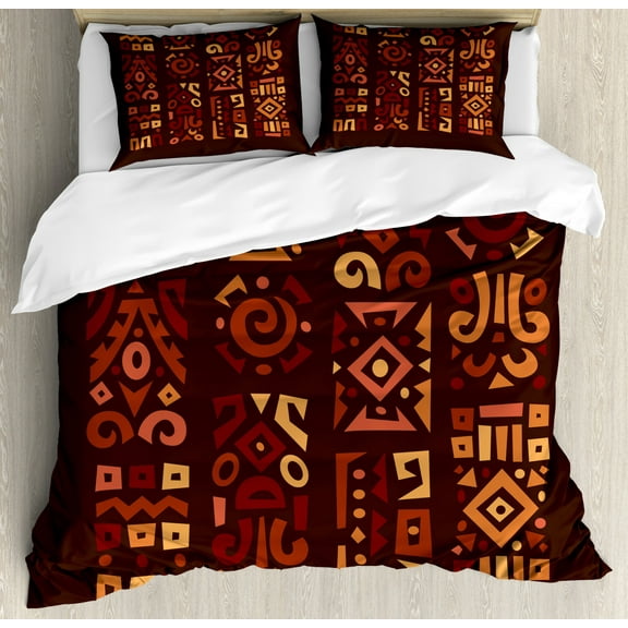Earth Tones Duvet Cover Set King Size, Doodle Style Graphic African Figures in Four Vertical Borders Ethnic Accents, Decorative 3 Piece Bedding Set with 2 Pillow Shams, Multicolor, by Ambesonne