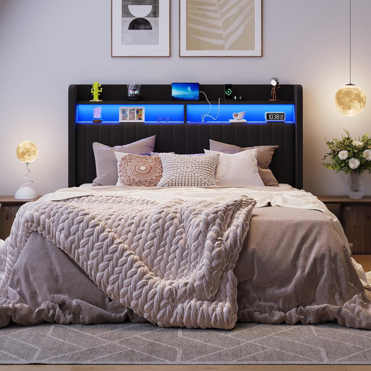 SHA CERLIN Full Size Lift Up Storage Bed Frame, LED Lights, Charging Station, 2-Tier Shelves Headboard, USB Type-C Ports, Velvet Upholstered, Hydraulic Support, Noise Free, Black