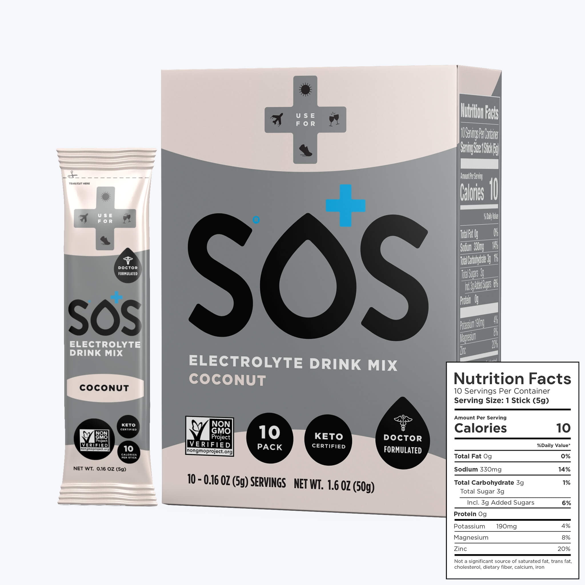 SOS Hydration Electrolyte powder mix Coconut, (10 Sticks)