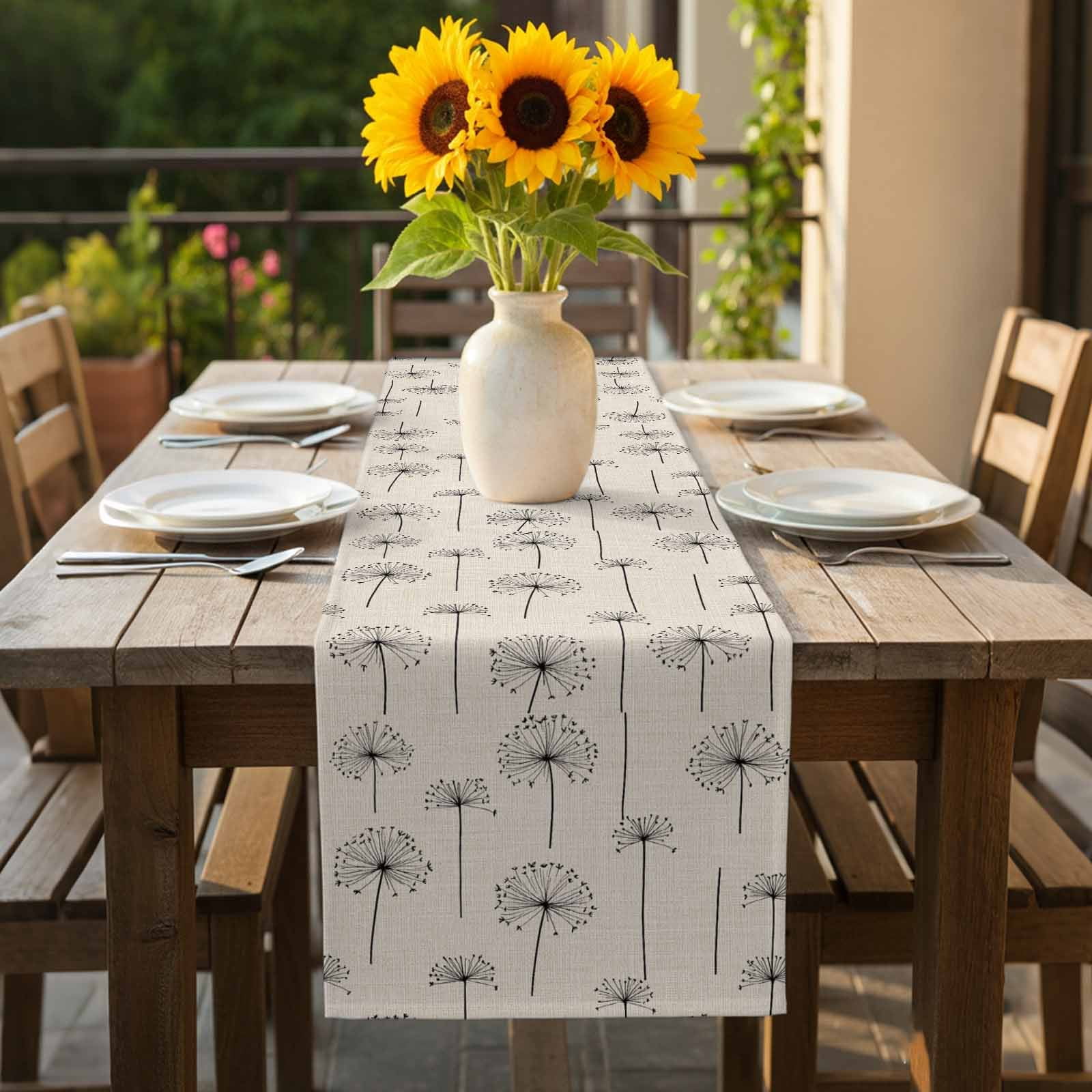 Spring Dandelion Cotton Linen Table Runner Vintage Abstract Black Dandelion Wildflower Linen Dining Table Runners for Home Decor Party Dining Room Restaurant Kitchen 13" x 120"