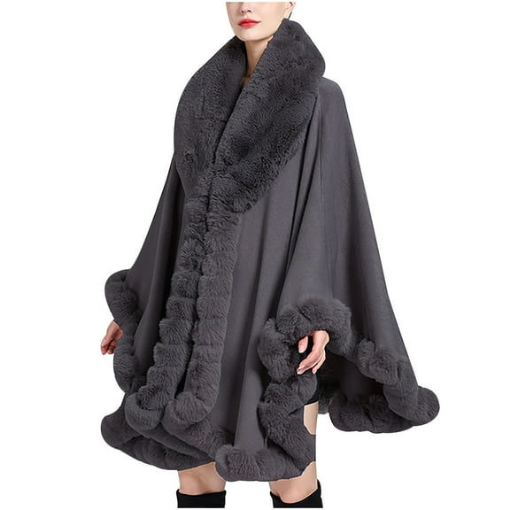 Hfyihgf Women's Oversizd Shawl Cardigan Batwing Sleeve Faux Fur Trim Cape Wool Winter Warm Cloak Poncho Coat Dark Gray One Size