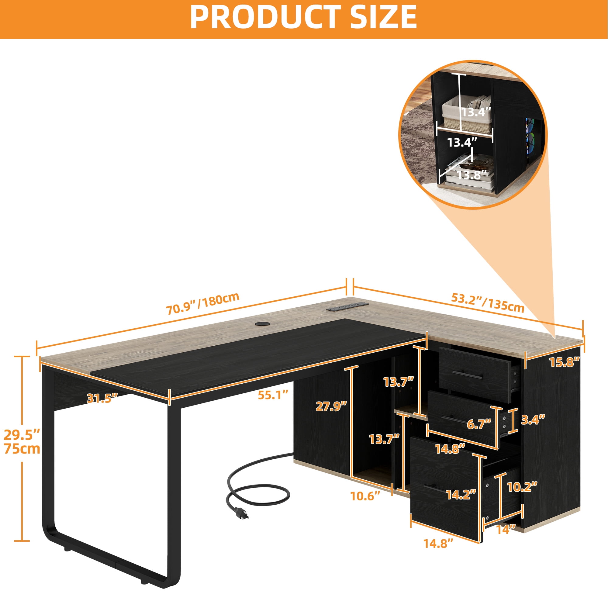 Craftian 71" L-Shaped Desk File Cabinet, Computer Desk with Power Outlets, Executive Desk for Home Office