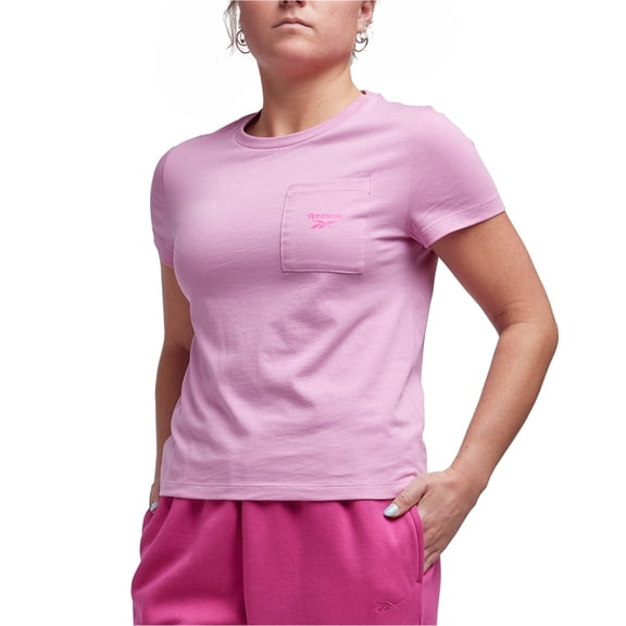 Reebok Womens Logo Pocket Graphic T-Shirt, Pink, X-Small