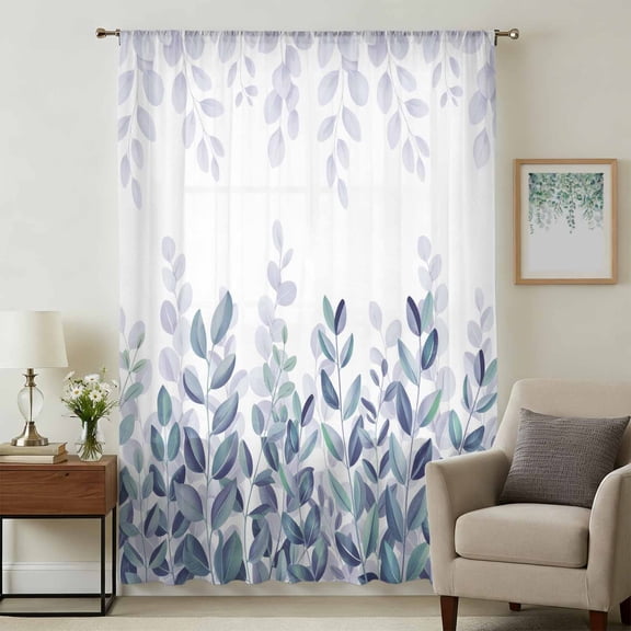 Spring Blue Eucalyptus Sheer Curtains 84 Inches Long, Botanical Green Leaf Country Light Filering Curtains, Breathable Simi Curtain Privacy Drapes for Living Room Bedroom Lightweight Window Treatment