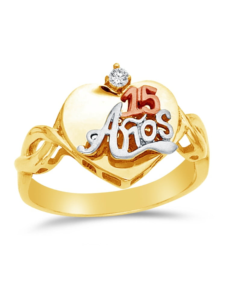 Size Jewel Tie Solid 14k Rose Yellow /& White Gold 15 Years Birthday Heart Ring 7.5