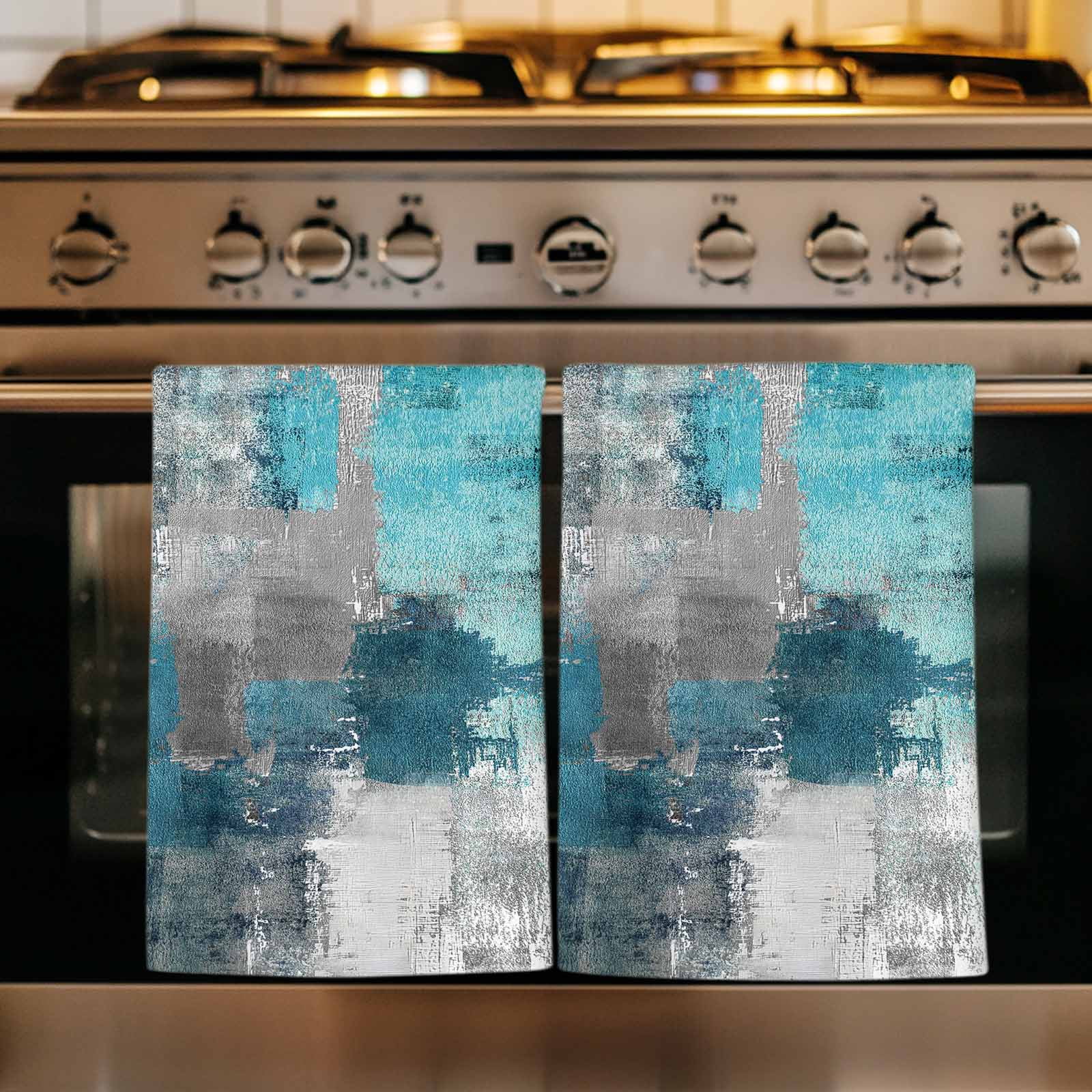 Dish Towels, Teal Gray Block Absorbent Kitchen Towels 2 PCS, Abstract Art Microfiber Hand Towels Dish Cloths Tea Towels for Home&nbsp;Bathroom Cleaning Drying,18X28-Inch,