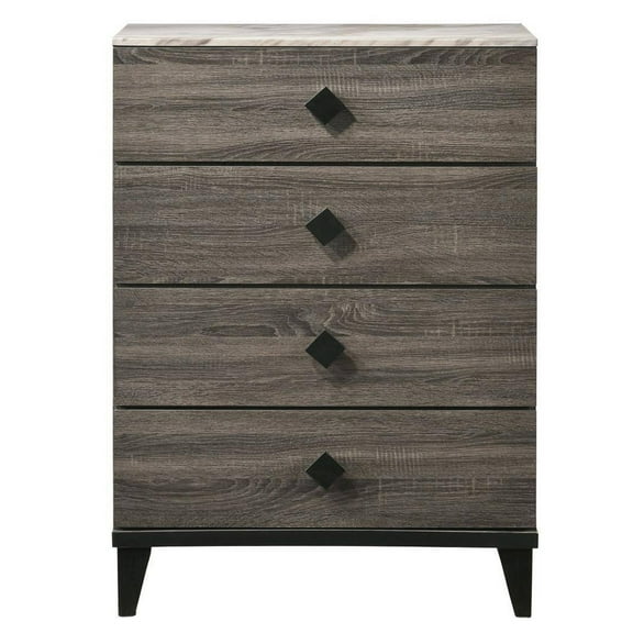 Benjara 4 Drawer Wooden Chest with Grains and Angled Legs, Gray-Color:Gray