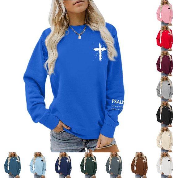 XIAOCHA Women's Cross Psalm Text Graphic Sweatshirt Long Sleeve Crewneck Pullover Faith Casual Sweatshirt, Blue, Sizes L