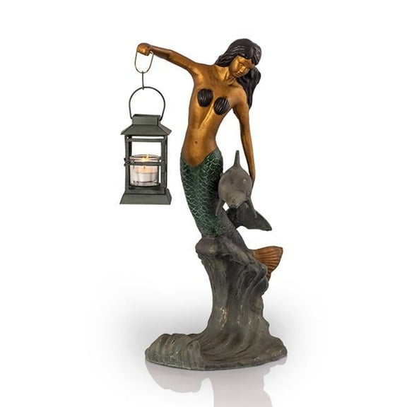 Mermaid Antique Gold Metal Garden Sculpture with Lantern