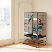 BENTISM 52'' Standing Large Bird Cage  with Rolling Stand and Castor Wheels, Rolling Metal Birdcage with 3 Perches and 4 Feeders, Large Wrought Carbon Steel Birdcage for Parakeets, Pigeons, Finches