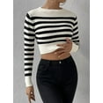 thumbnail image 6 of Women'S Striped Long Sleeve Crop Top Ribbed Knit Crewneck Fitted Casual Tee Tops White S, 6 of 10