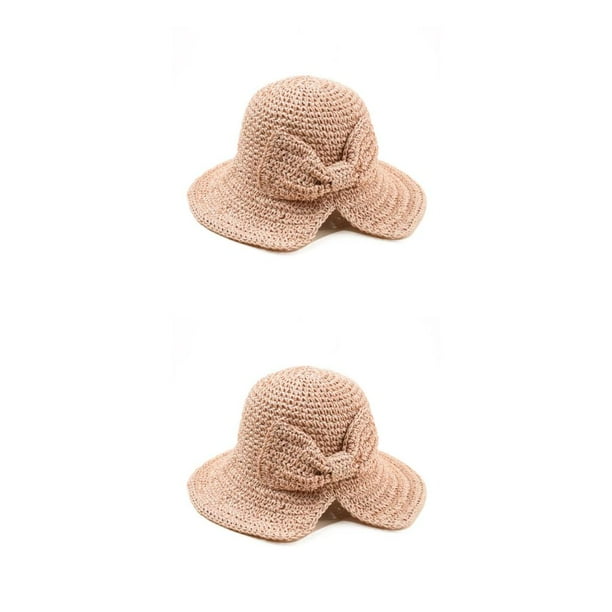 Minnieouse Sombrero de paja de verano Bowknot Floppy de ala ancha Sombreros para el sol Playa al aire libre Transpirable Ahuecado Moda Adulto Rosa M (56-58 cm) 2piezas