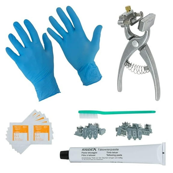 Small Animal Tattoo Kit - Livestock Identification Kit with Pliers, Numbers, Letters & Paste - Sheep, Goat, Pig, Rabbit, Cattle - 64 Piece