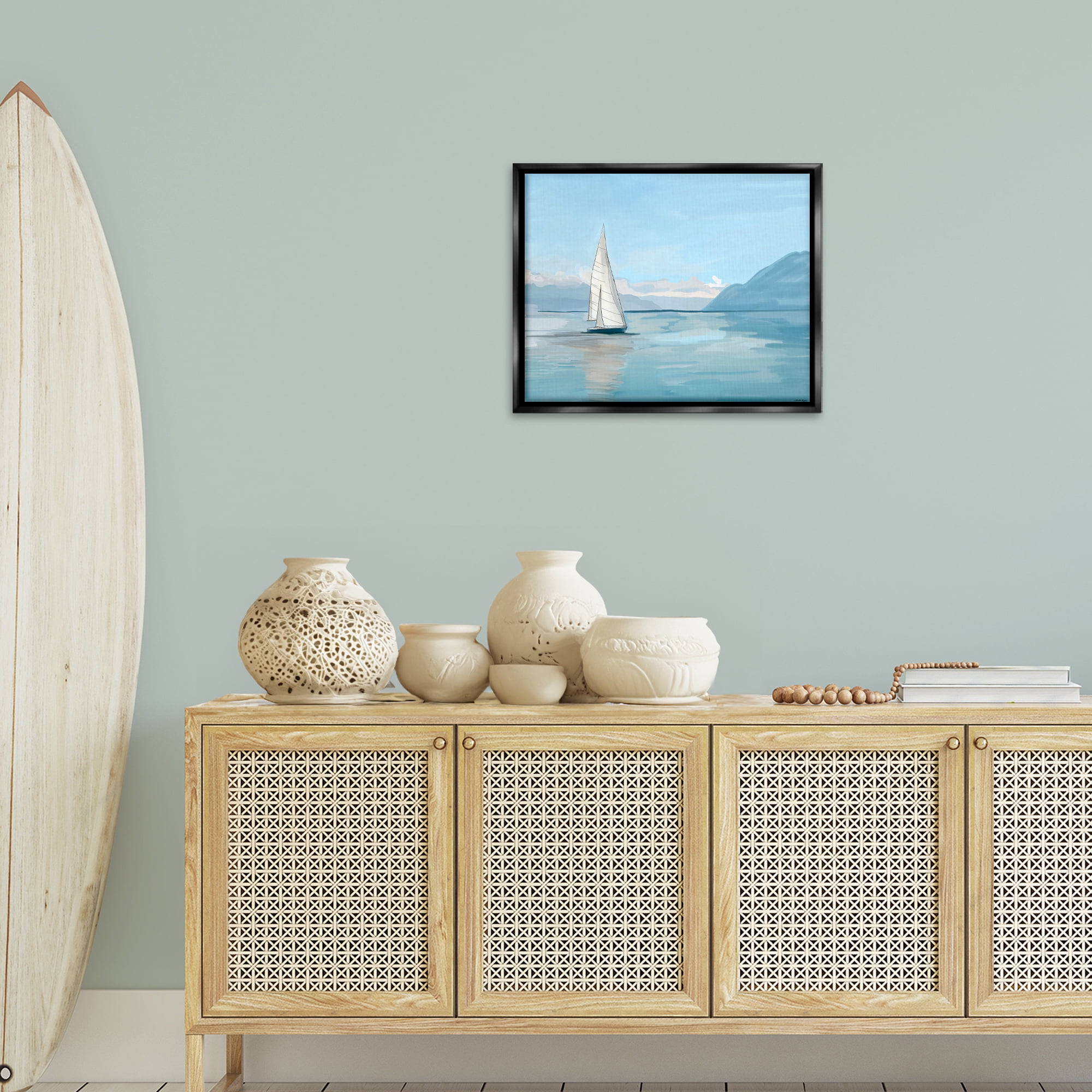 Stupell Industries Peaceful Sailboat on Water Nautical & Beach Painting Black Floater Framed Canvas Art Print Wall Art, 21 x 17