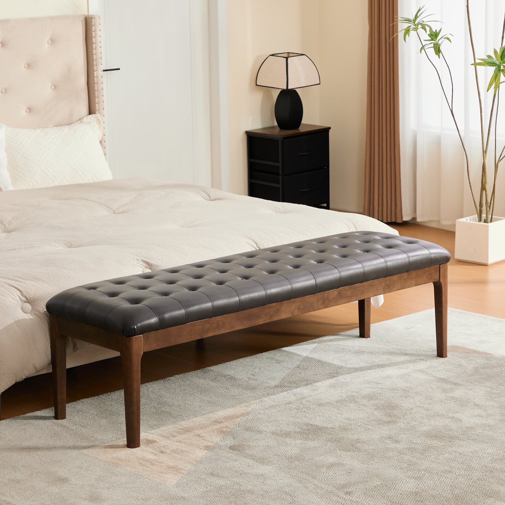Upholstered Bed Bench 66 Inch, Button Tufted Faux Leather Bench with Dark Walnut Legs, End of Bed Bench for Bedroom and Entryway, Coffee