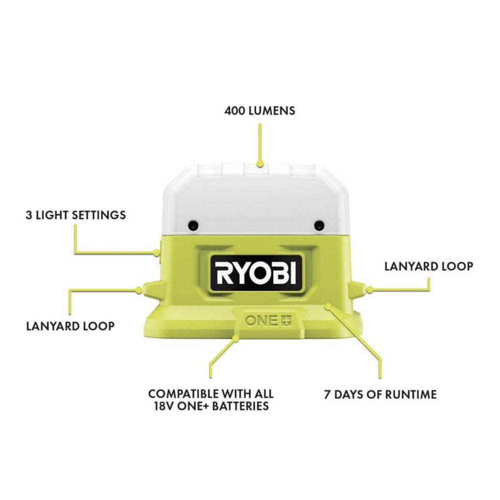 Ryobi 3-Tool Camping Kit Bundle with Compact Area Light, Bluetooth Speaker, 4 inch Clamp Fan, 18-Volt 1.5 Ah Lithium-ion Battery, Charger and 16 inch Buho Tool Bag