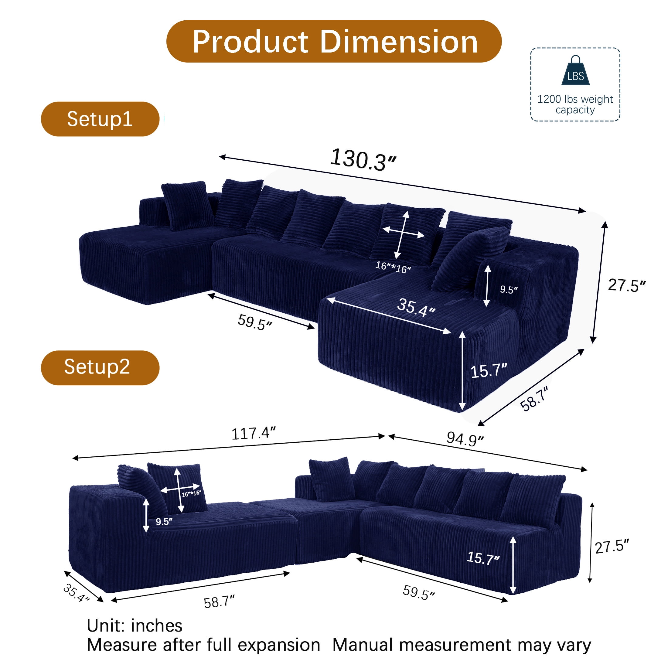 SEENYOO 130" U-Shaped Modular Sectional Sofa Couch 4-Seater Boneless Corduroy Sofa No Assembly Compressed for Living Room Blue