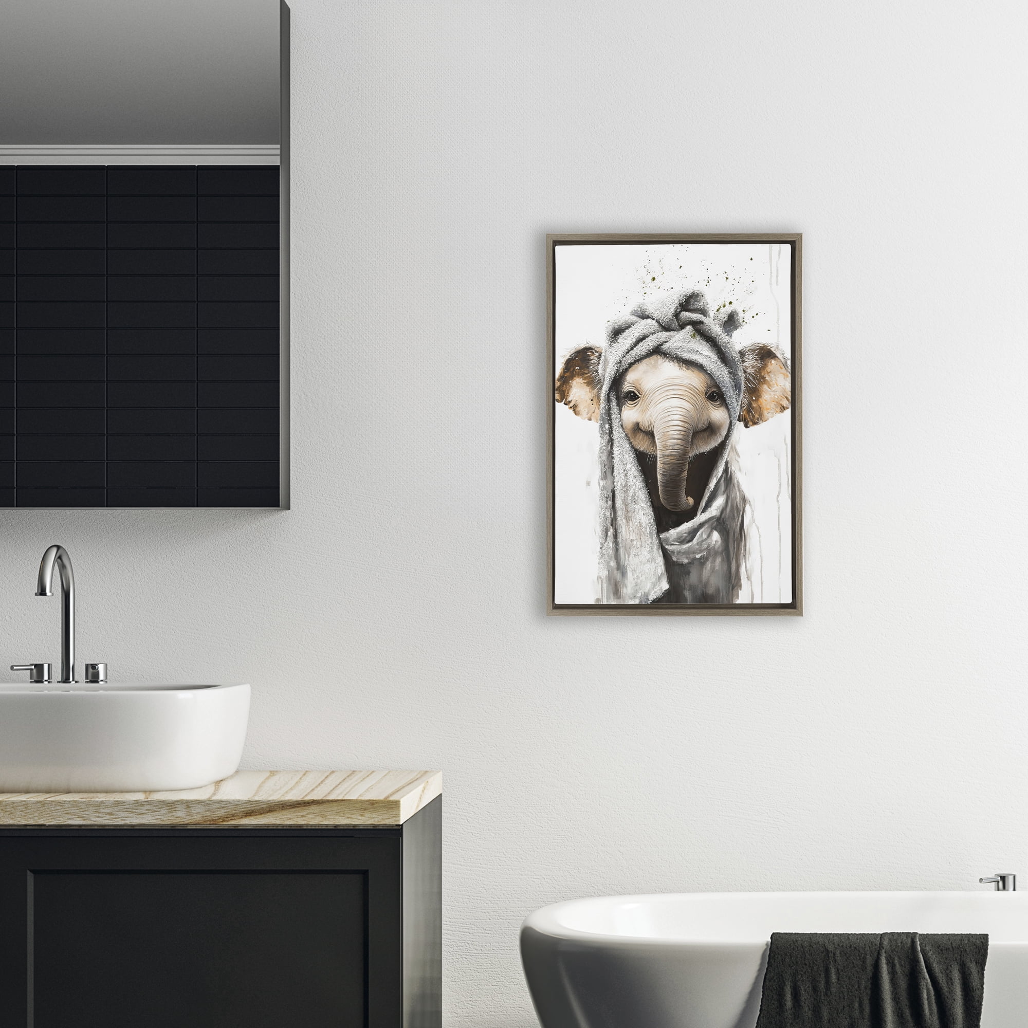 Stupell Industries Squeaky Clean Elephant Brown Framed Floater Canvas Wall Art, design by Tina LeCour