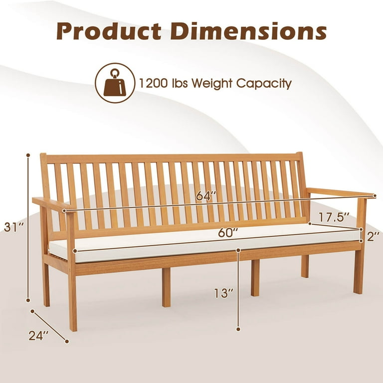 Costway Outdoor 3 Seat Wood Bench 64 Inches Extra Long Acacia Chair with Seat Cushion